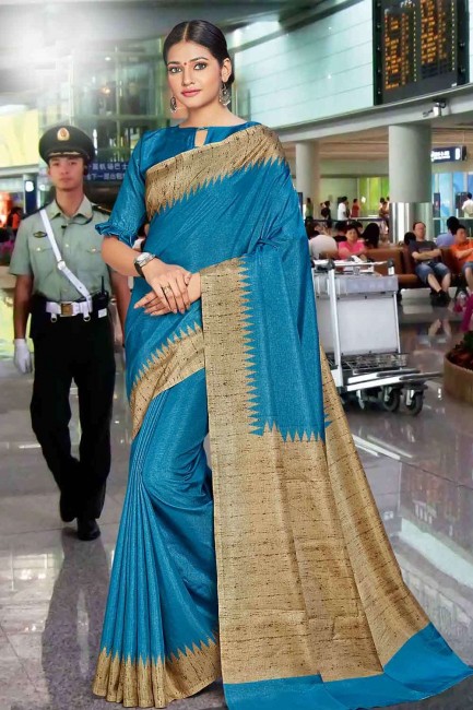Printed Cotton & Manipuri Blue Saree Blouse