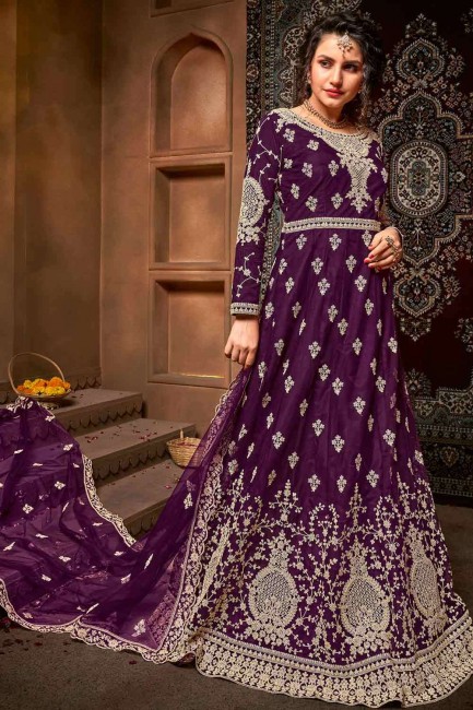 Net Churidar Anarkali Suit in Purple Net