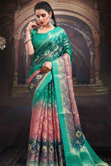 Printed Chanderi Saree in Sea Green with Blouse
