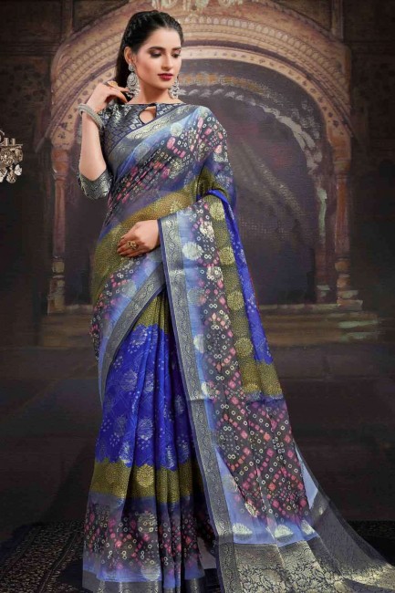 Blue Printed Chanderi Saree