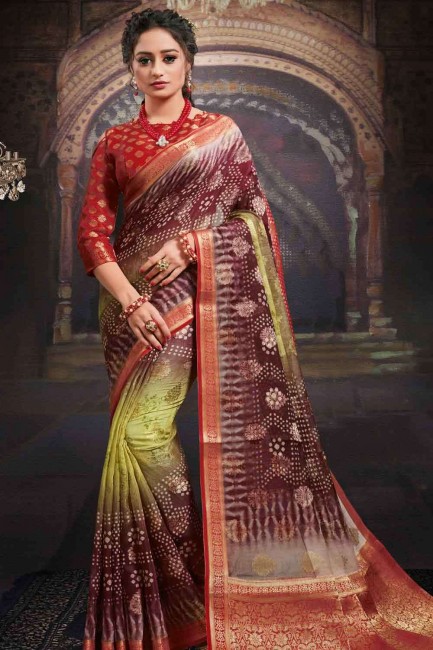 Brown Saree in Chanderi with Printed
