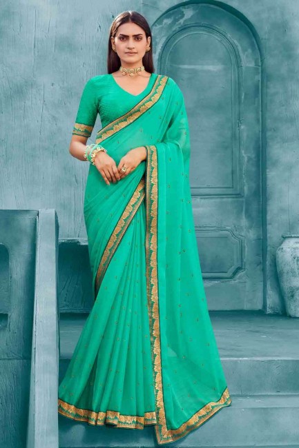 Embroidered Chiffon Saree in sea Green with Blouse