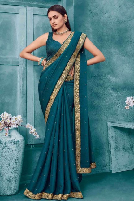 Embroidered Chiffon Saree in Teal 