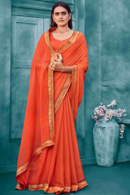 Embroidered Chiffon Saree in Orange with Blouse