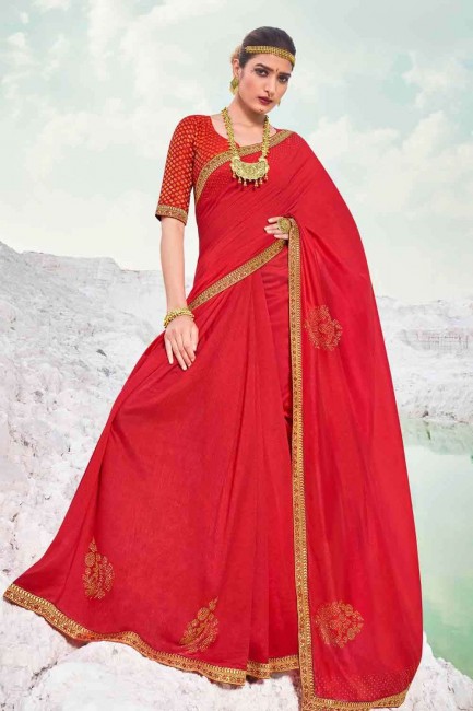 Latest Red Embroidered Silk Saree