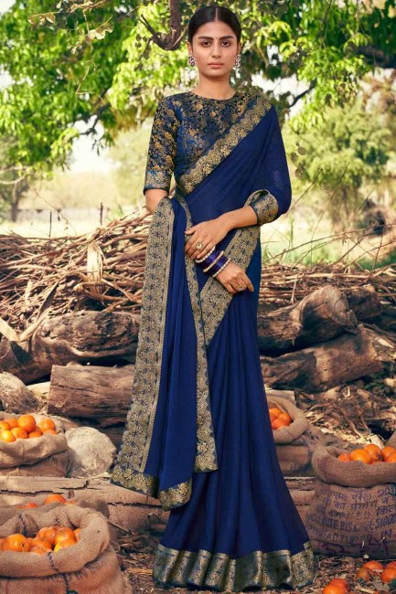 Luring Saree in Navy Blue Chiffon with Embroidered