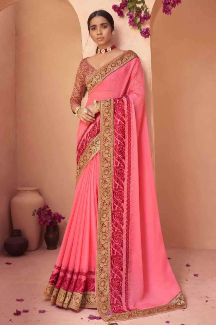 Chiffon Pink Saree in Thread