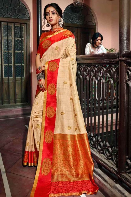 Banarasi Saree in Beige Banarasi raw Silk with Weaving