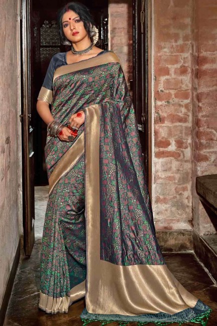 Banarasi raw Silk Weaving Grey Banarasi Saree with Blouse