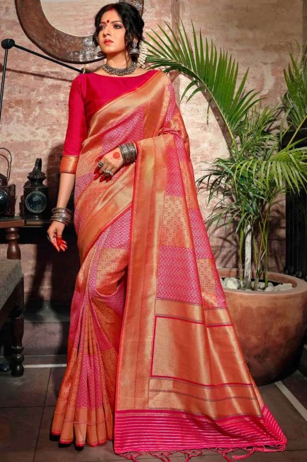 Banarasi Saree in shaded Pink Banarasi raw Silk with Weaving