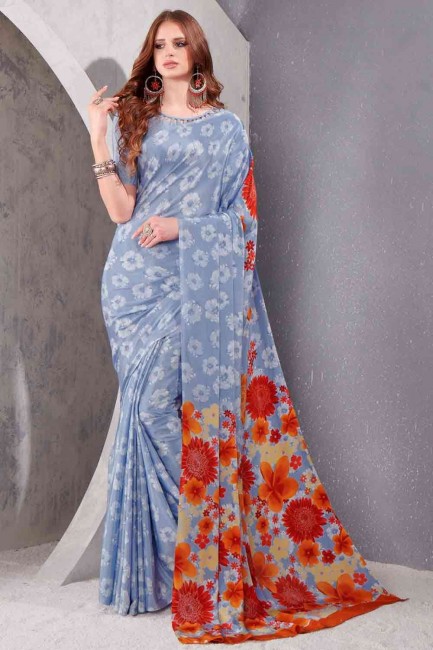 Printed Printed Saree in Blue Silk Crepe