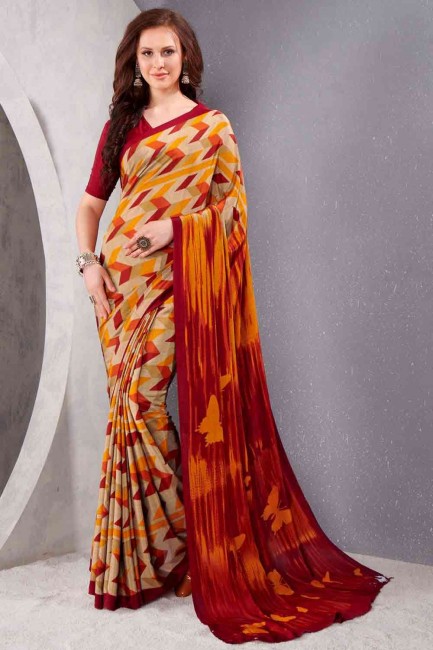 Multicolor Printed Saree in Silk Crepe
