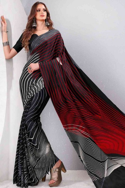 Printed Silk Crepe Printed Saree in Black with Blouse