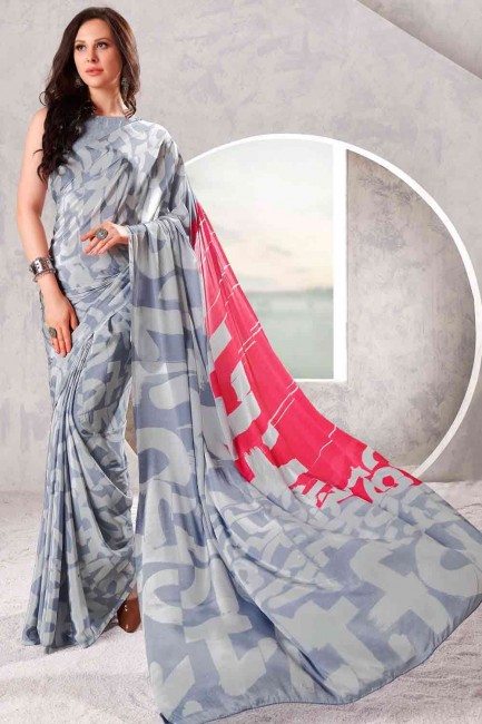 Printed Silk Crepe Saree in light Grey with Blouse