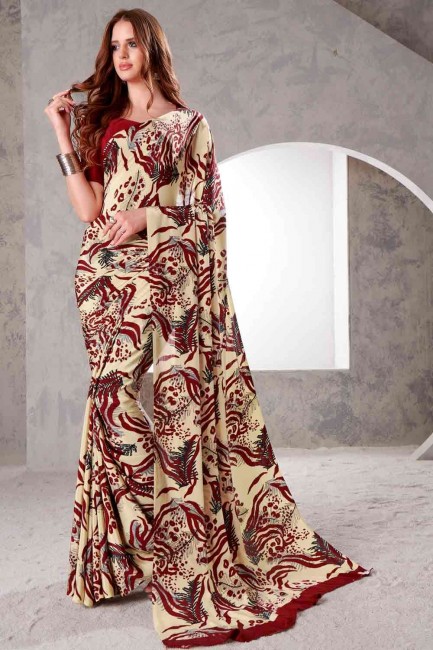 Silk Crepe Printed Off White Saree with Blouse