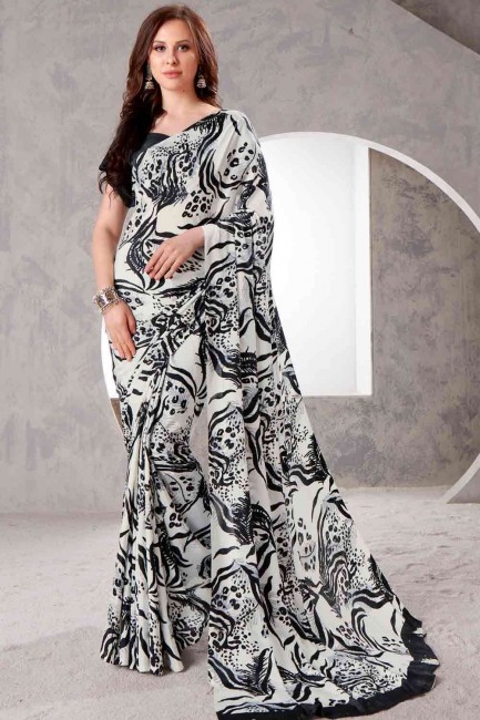 Off White Saree in Silk Crepe with Printed