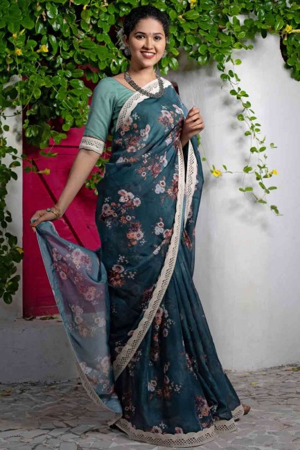 teal Green Saree with Printed Cotton