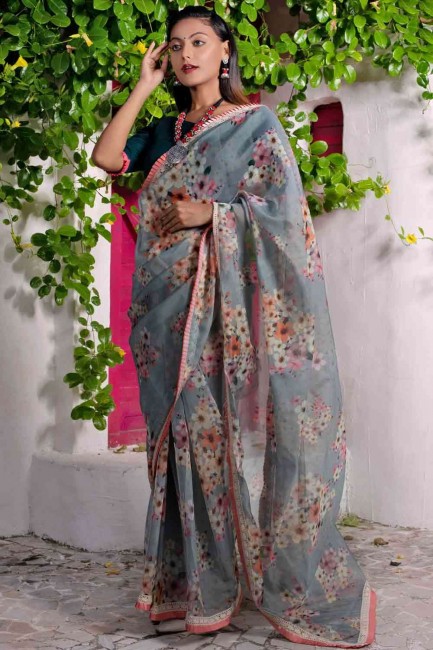 Classy Cotton Saree with Printed in Grey