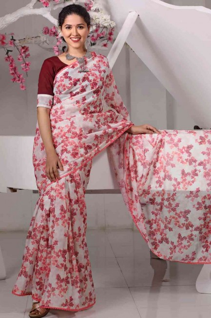 Printed Silk White Saree Blouse