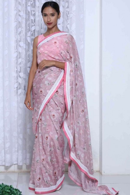 Designer Pink Silk Saree with Printed