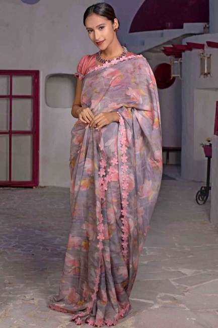 Silk Saree in Grey & Pink with Printed