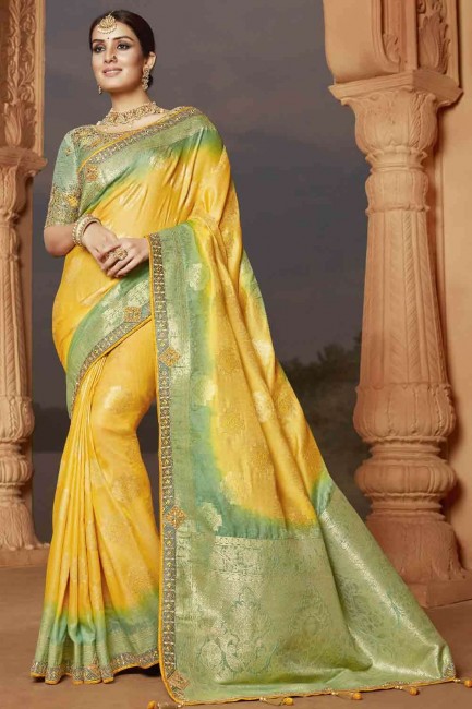 Ethinc Yellow Silk Saree with Embroidered