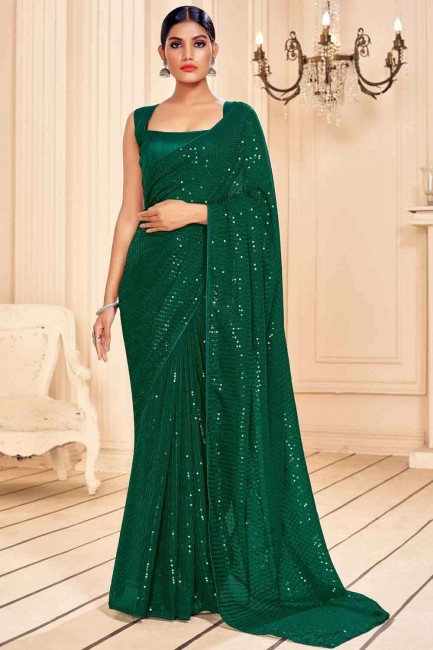 Green Faux Georgette Saree with Embroidered
