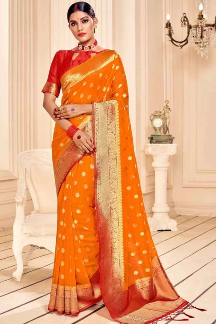 Ravishing Banarasi raw Silk Banarasi Saree in Orange with Weaving