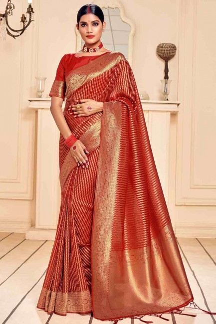 Dazzling Red Weaving Banarasi Saree in Banarasi raw Silk