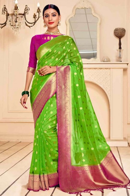 Stunning Banarasi raw Silk Banarasi Saree in Green with Weaving