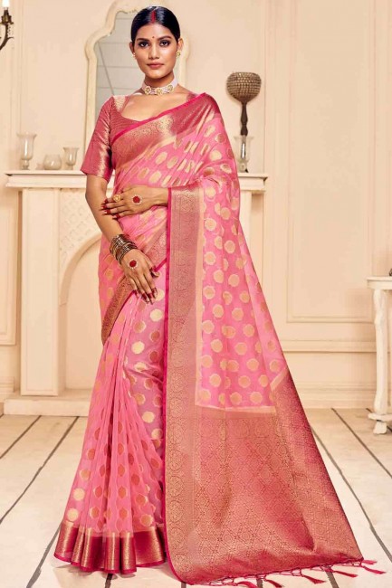Pink Weaving Banarasi raw Silk Banarasi Saree