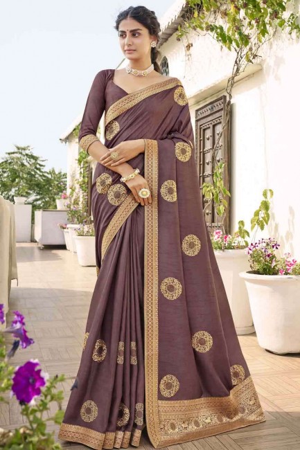 Brown Dupion Silk Saree with Embroidered