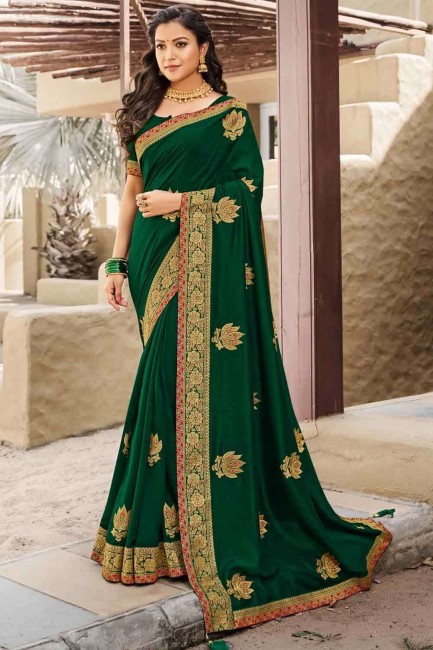 Adorable Silk Saree in Green with Embroidered
