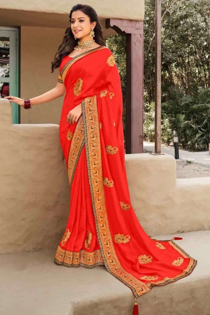 Delicate Embroidered Silk Saree in Orange with Blouse