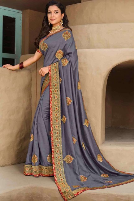 Enticing Silk Saree with Embroidered in Grey