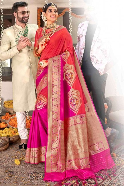 Banarasi Saree in Pink Banarasi raw Silk with Weaving