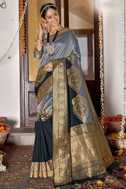 Grey Weaving Banarasi Saree in Banarasi raw Silk