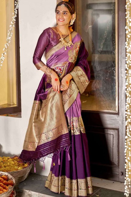 Banarasi Saree in Violet Banarasi raw Silk with Weaving