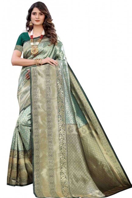 Exquisite Weaving Silk Saree in Green with Blouse
