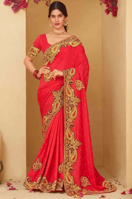 Stone Viscose Saree in tomato Red with Blouse