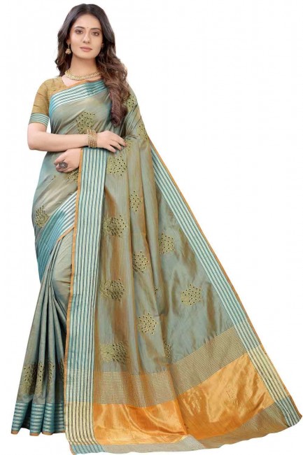 Embroidered Silk Saree in Blue with Blouse