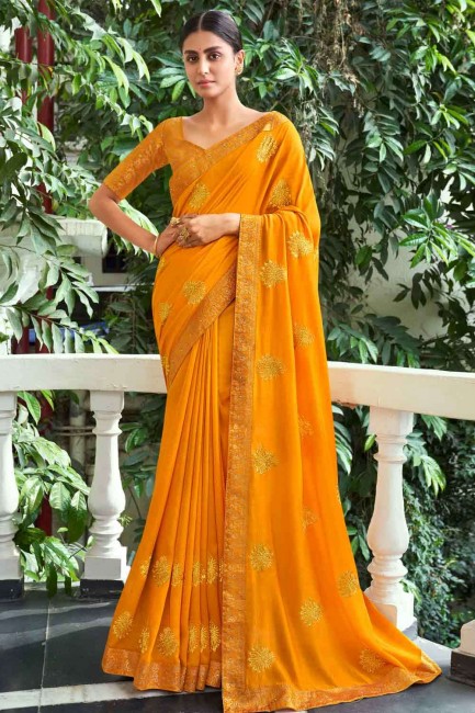 Viscose Saree in mustard  with Embroidered
