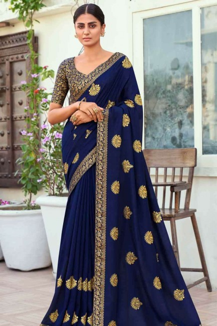 Viscose Saree with Embroidered in Navy Blue