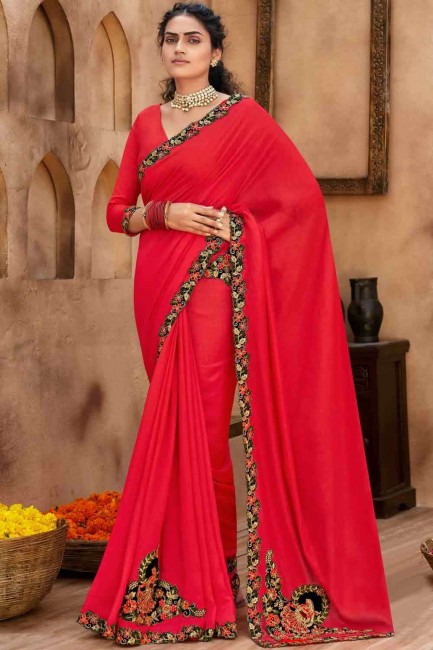 Viscose Patch tomato Red Saree with Blouse
