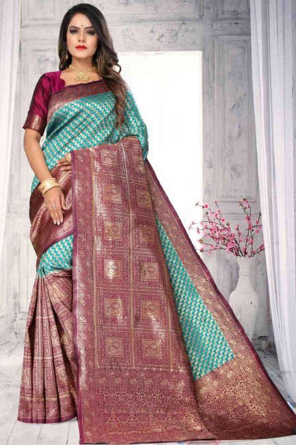 Stylish Rama Banarasi raw Silk Banarasi Saree with Weaving
