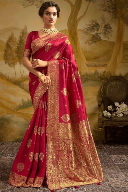 Weaving Art Silk Saree in navy Red