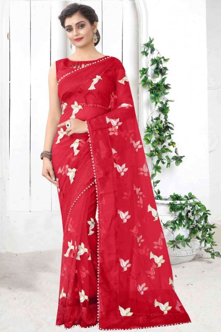 Thread Net Saree in Red with Blouse