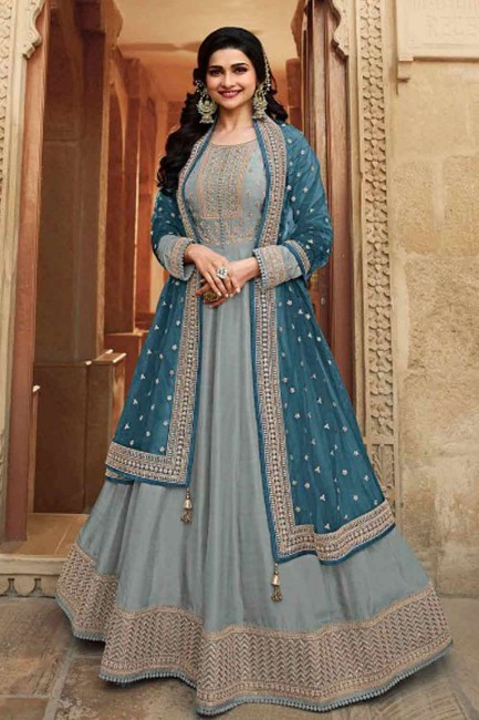 Silk Anarkali Suit in Lime Blue with dupatta