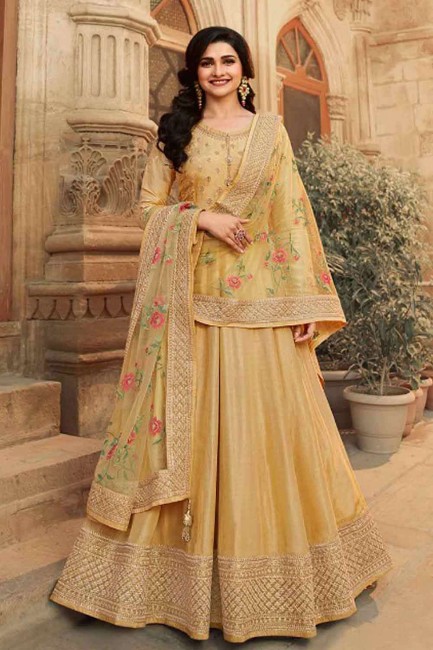 Silk Anarkali Suit with Silk in Yellow