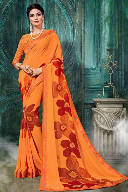 Orange Saree in Printed Georgette